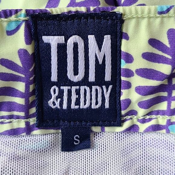 TOM & TEDDY Lt Green & Purple Feathers Leaves UPF 50+ Swim Shorts Men's Small - Picture 8 of 11